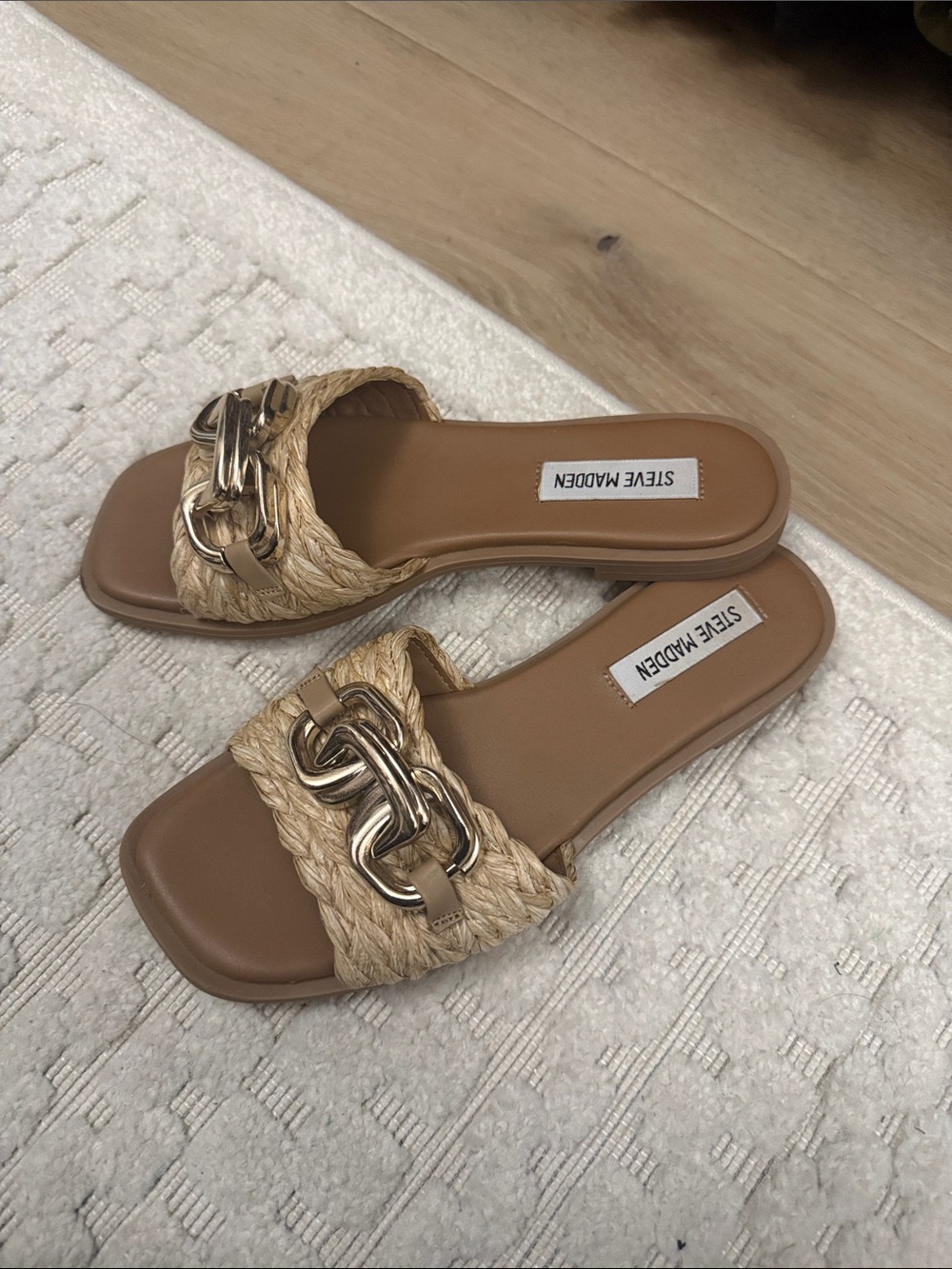 Steve Madden Tan Braided Slide Sandals with Gold Chain Accent